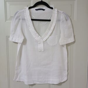 Zara Women's White Blouse with Front Ruffles and Embroidery, 100% Cotton, Size S